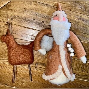 Wool felt Santa with his twig accented deer - home decor for Christmas/holidays